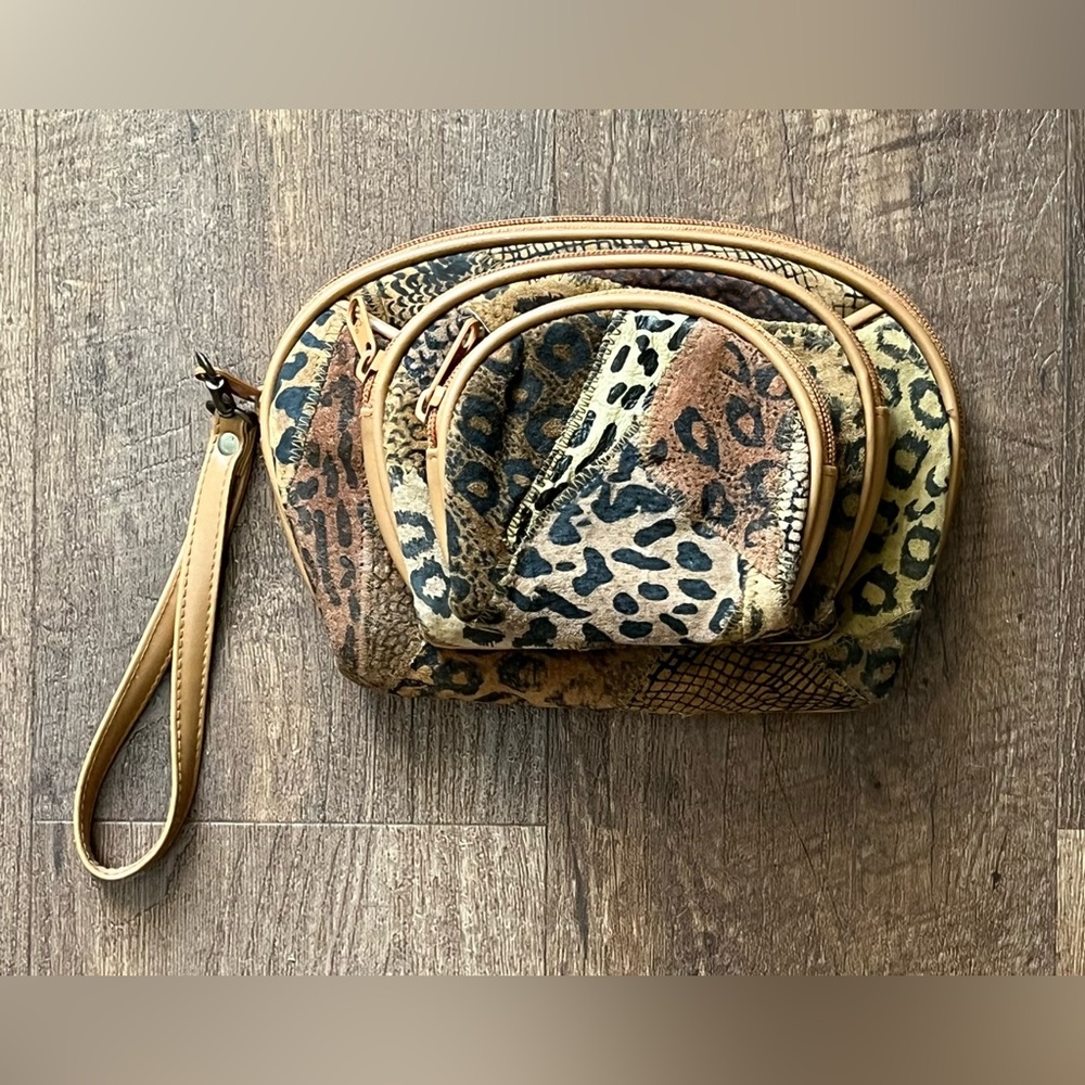 Allen Edward’s 3 pc vintage leather patchwork animal print travel cosmetics bags - Picture 2 of 9